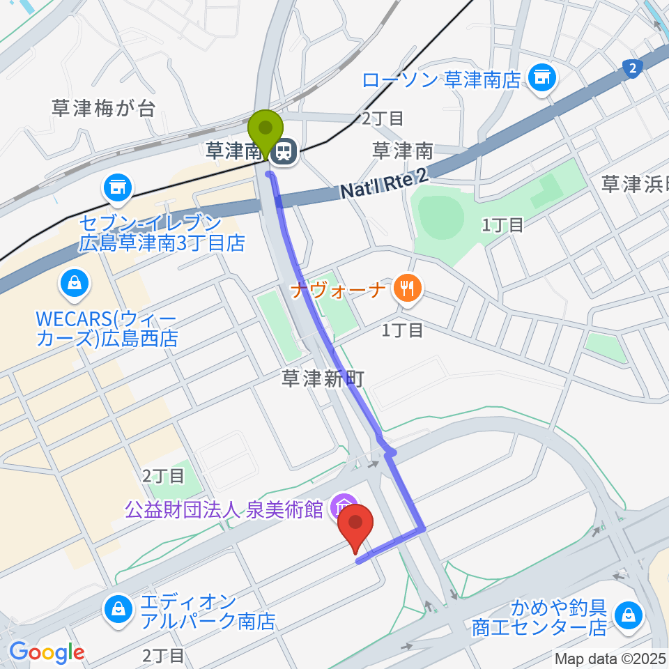 MUSIC STUDIO HIVEの最寄駅草津南駅からの徒歩ルート（約10分）地図