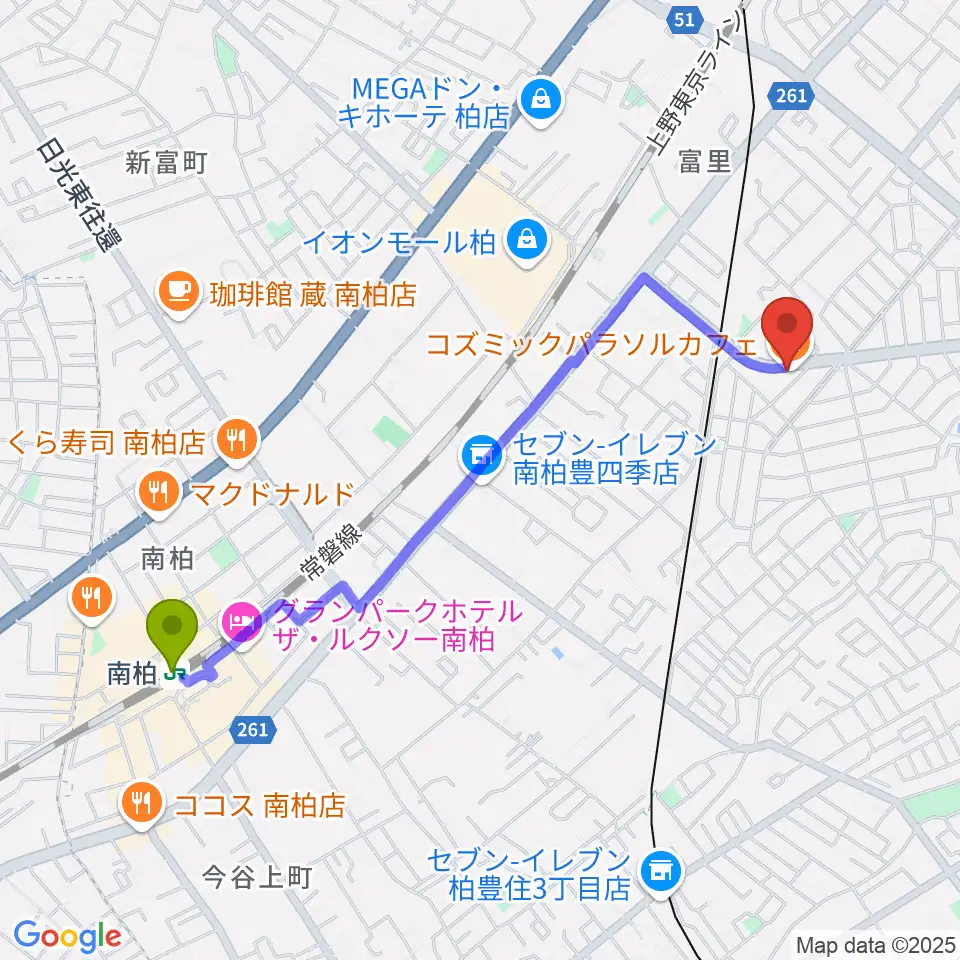 南柏駅から柏デスカマッジへのルートマップ地図