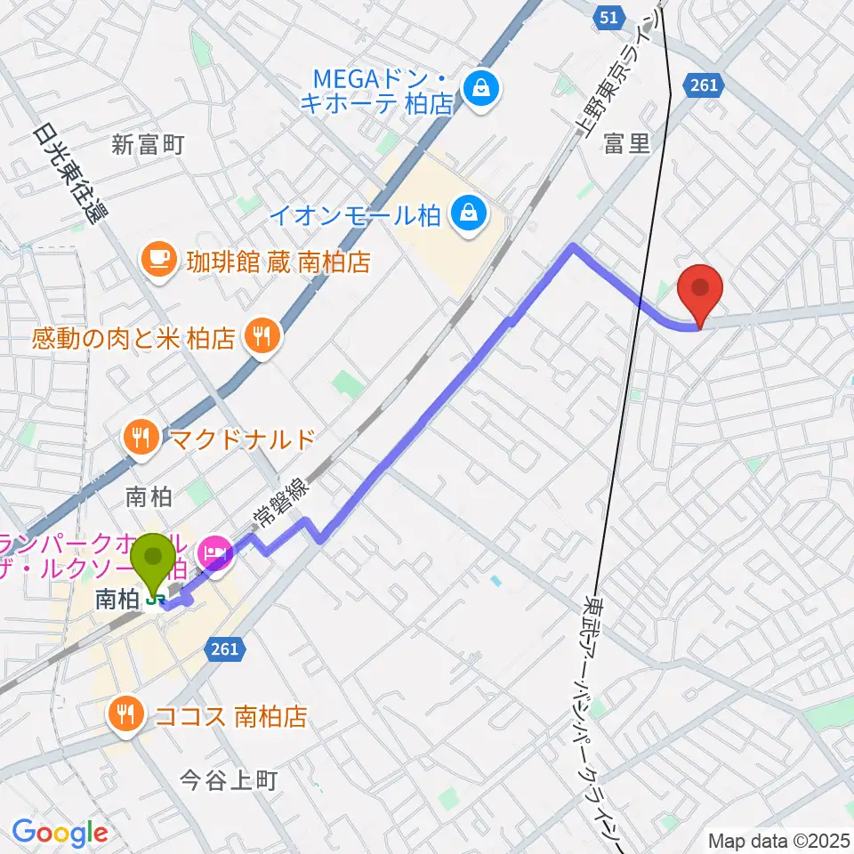 南柏駅から柏デスカマッジへのルートマップ地図