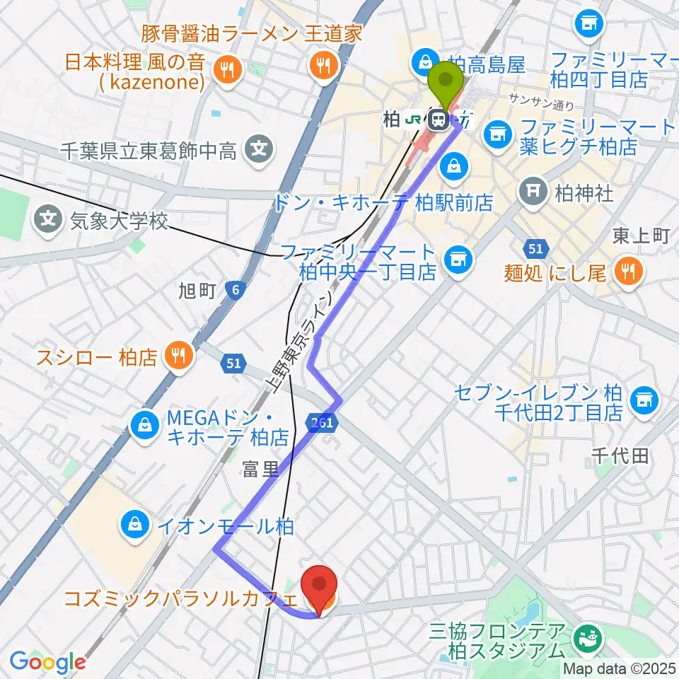 柏駅から柏デスカマッジへのルートマップ地図