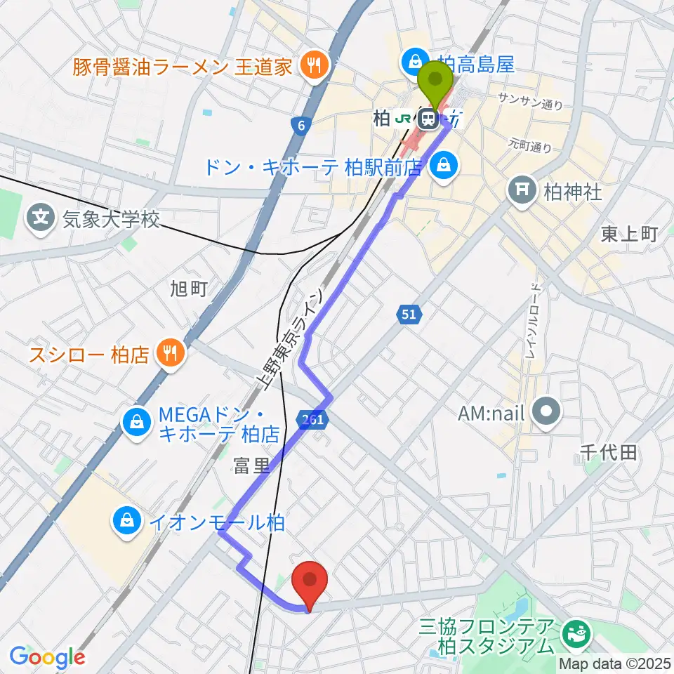 柏駅から柏デスカマッジへのルートマップ地図