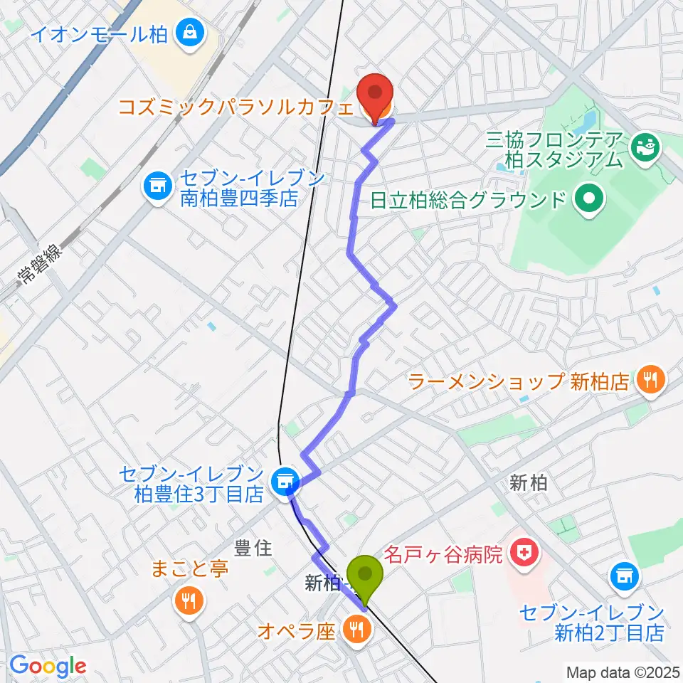 柏デスカマッジの最寄駅新柏駅からの徒歩ルート（約22分）地図