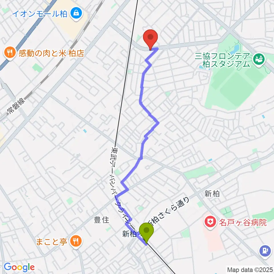 柏デスカマッジの最寄駅新柏駅からの徒歩ルート（約22分）地図