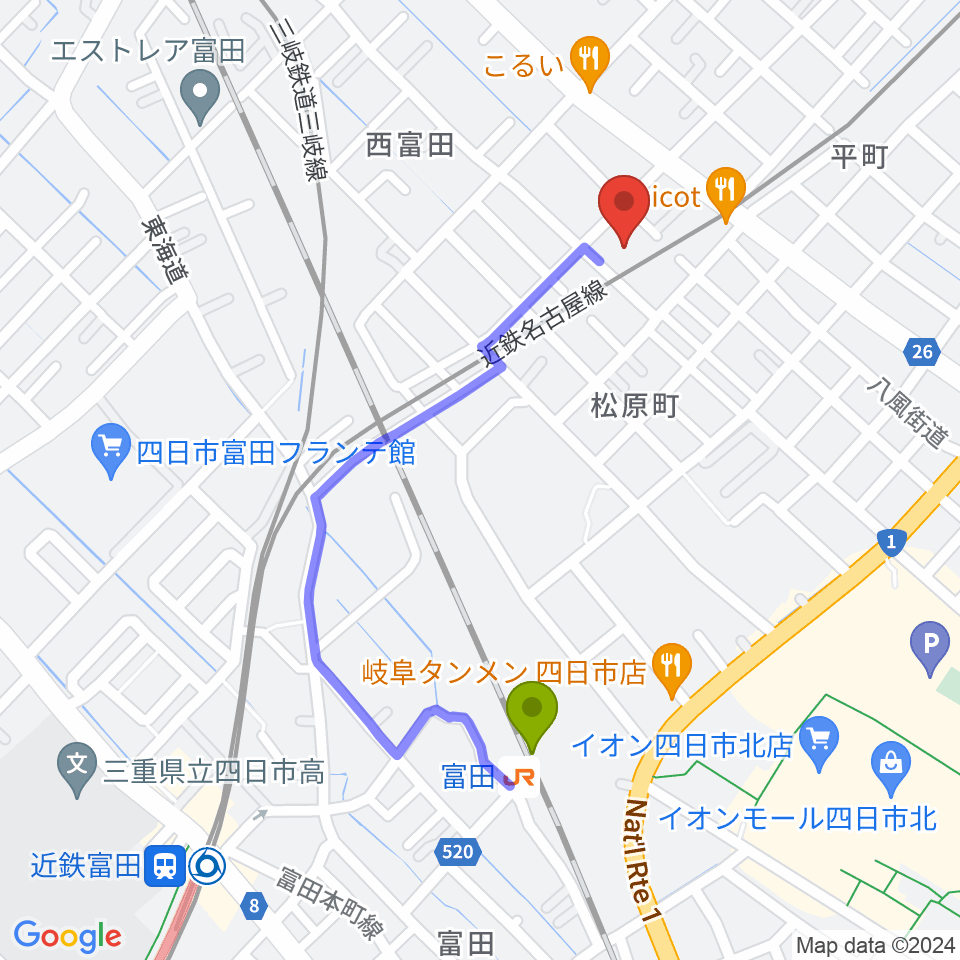 ホーリーハウスの最寄駅富田駅からの徒歩ルート（約8分）地図