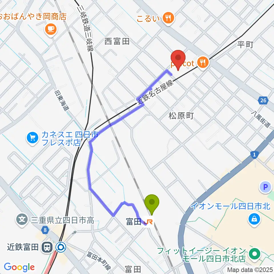 ホーリーハウスの最寄駅富田駅からの徒歩ルート（約8分）地図