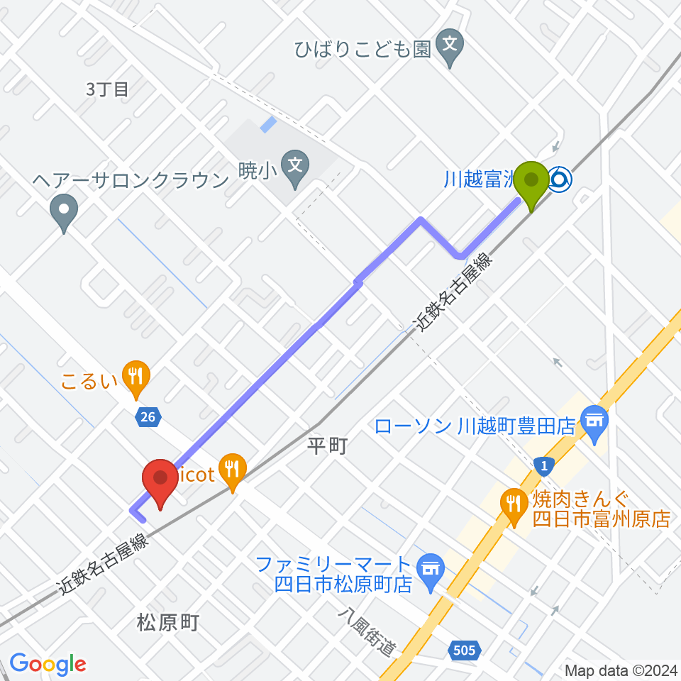 川越富洲原駅からホーリーハウスへのルートマップ地図