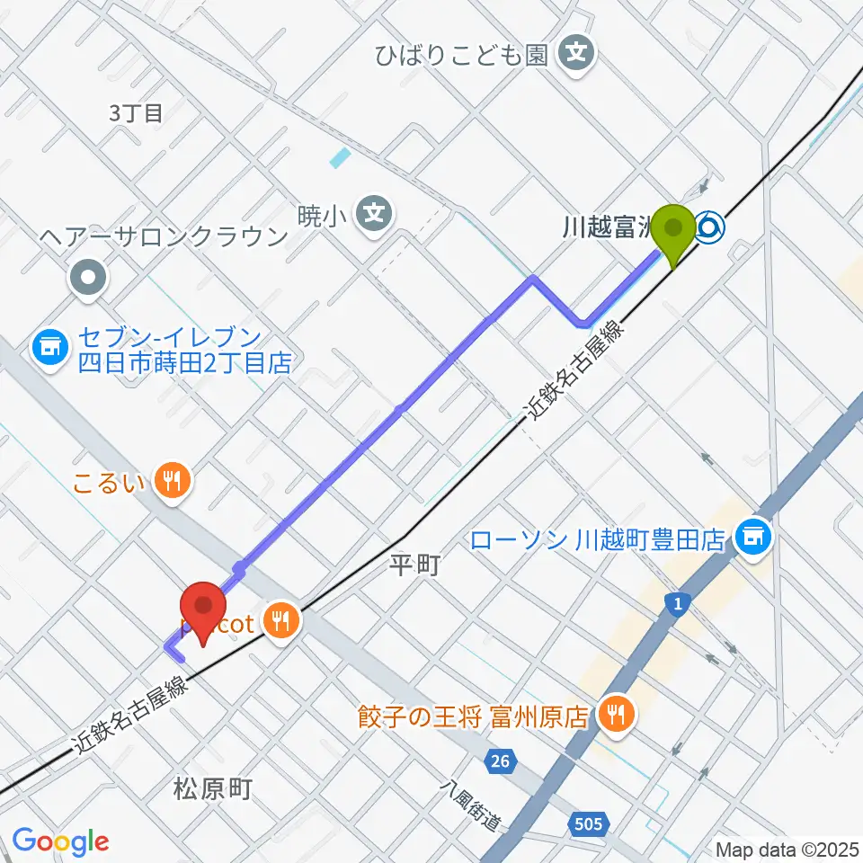 川越富洲原駅からホーリーハウスへのルートマップ地図
