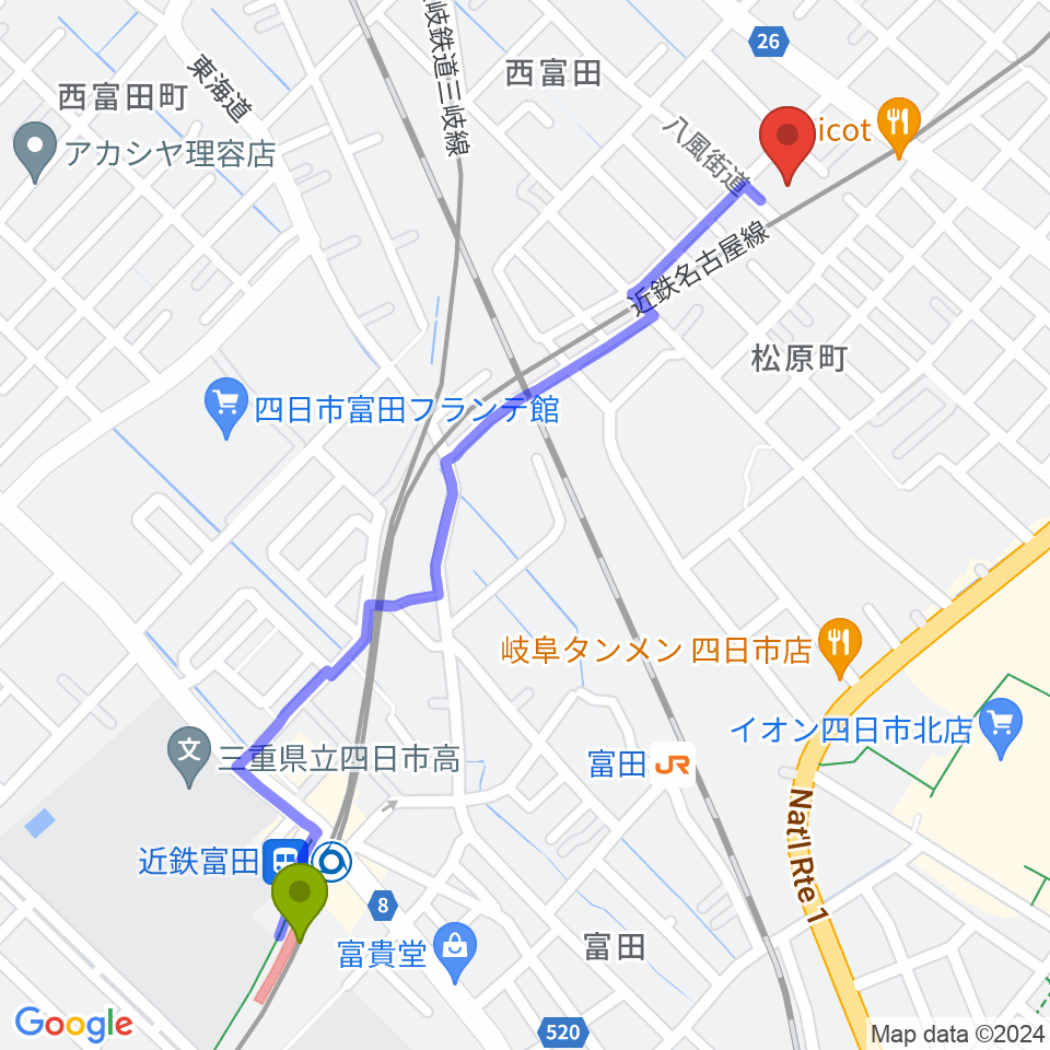 近鉄富田駅からホーリーハウスへのルートマップ地図