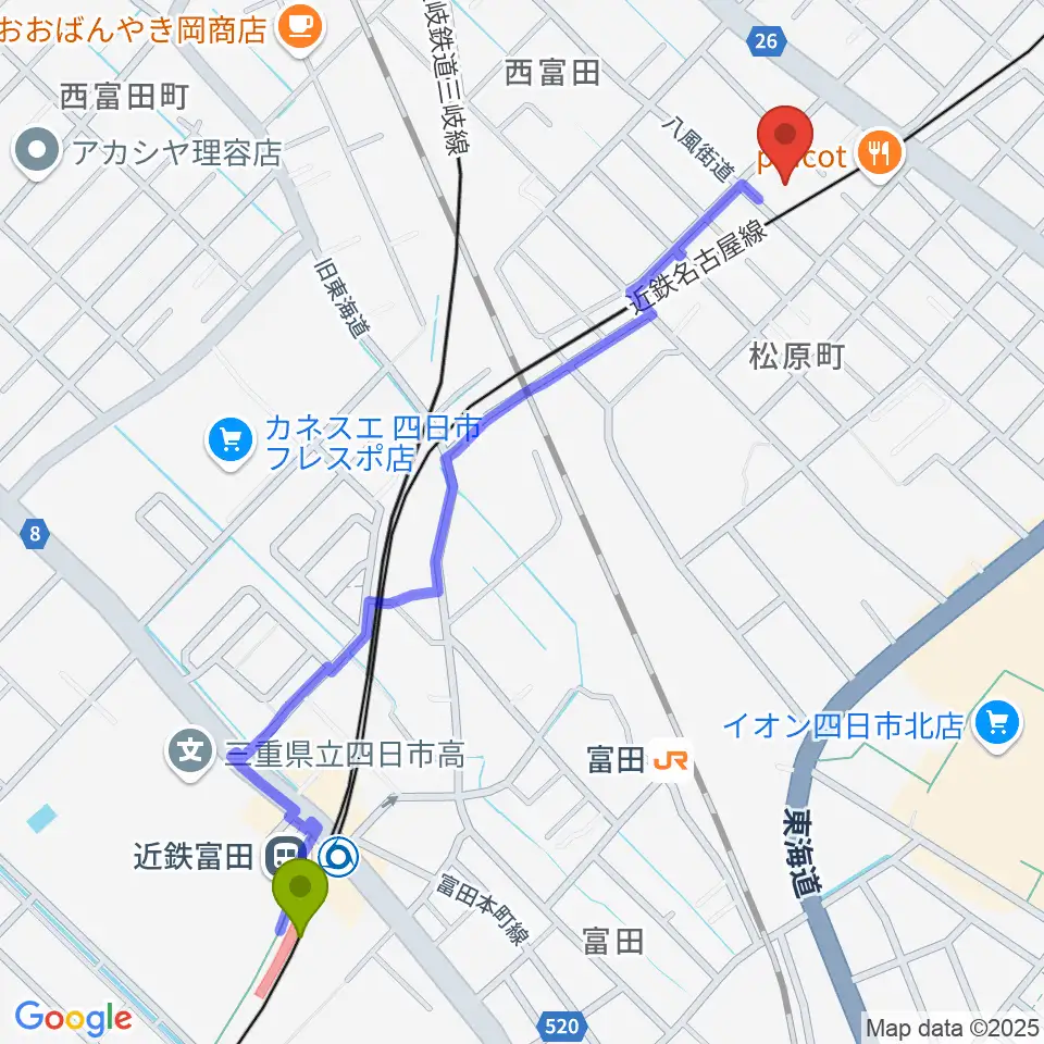 近鉄富田駅からホーリーハウスへのルートマップ地図