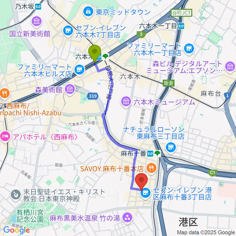 六本木駅から音楽塾ヴォイス東京校へのルートマップ地図