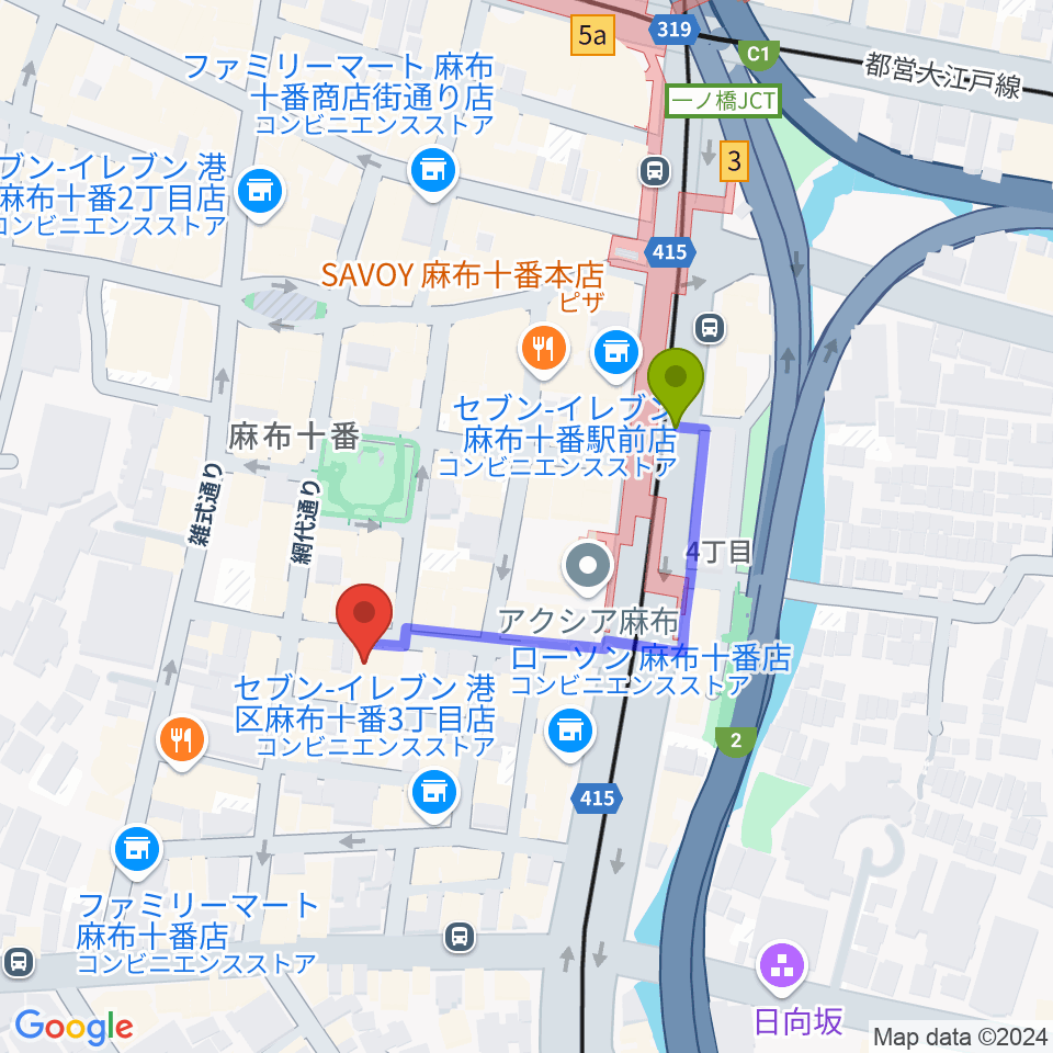 音楽塾ヴォイス東京校の最寄駅麻布十番駅からの徒歩ルート（約3分）地図