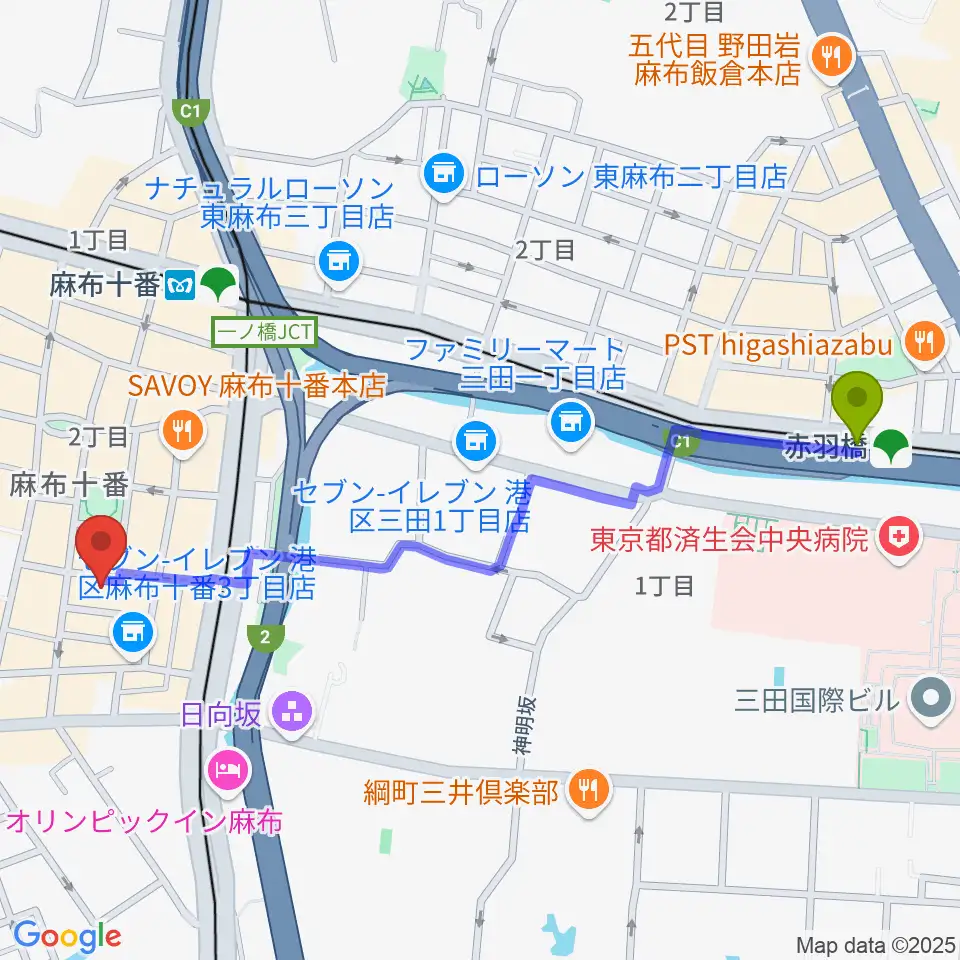 赤羽橋駅から音楽塾ヴォイス東京校へのルートマップ地図