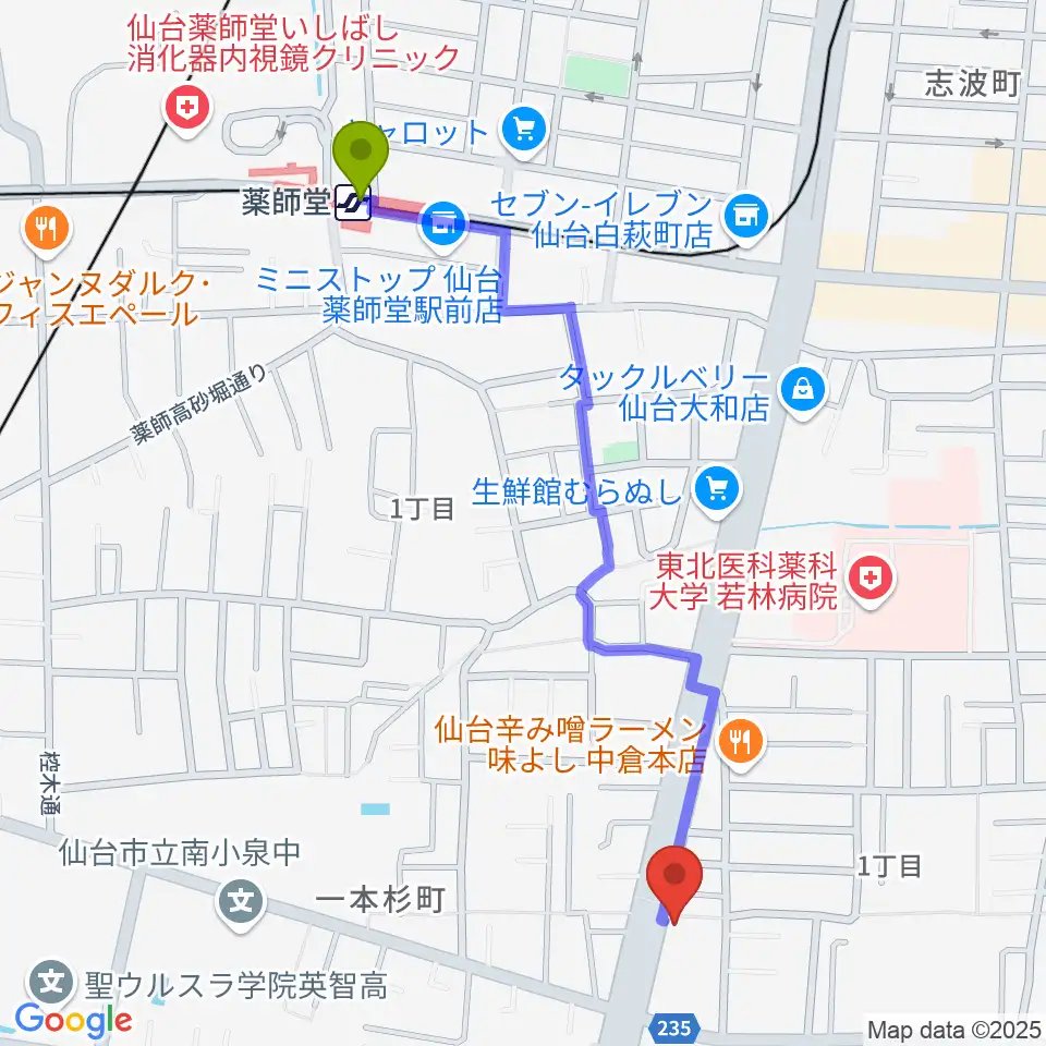 Repair Garageの最寄駅薬師堂駅からの徒歩ルート（約11分）地図