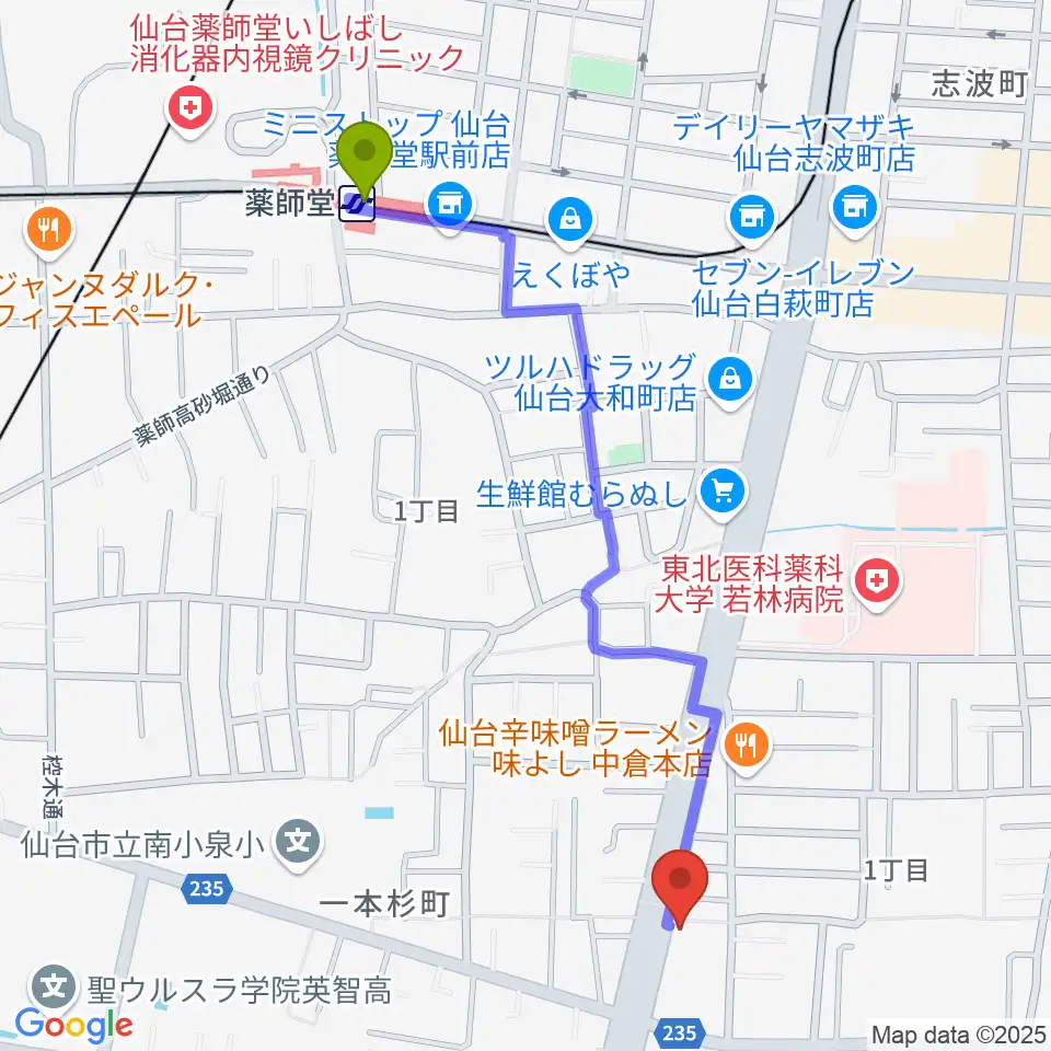 Repair Garageの最寄駅薬師堂駅からの徒歩ルート（約11分）地図