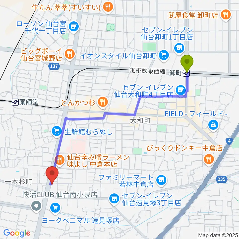 卸町駅からRepair Garageへのルートマップ地図