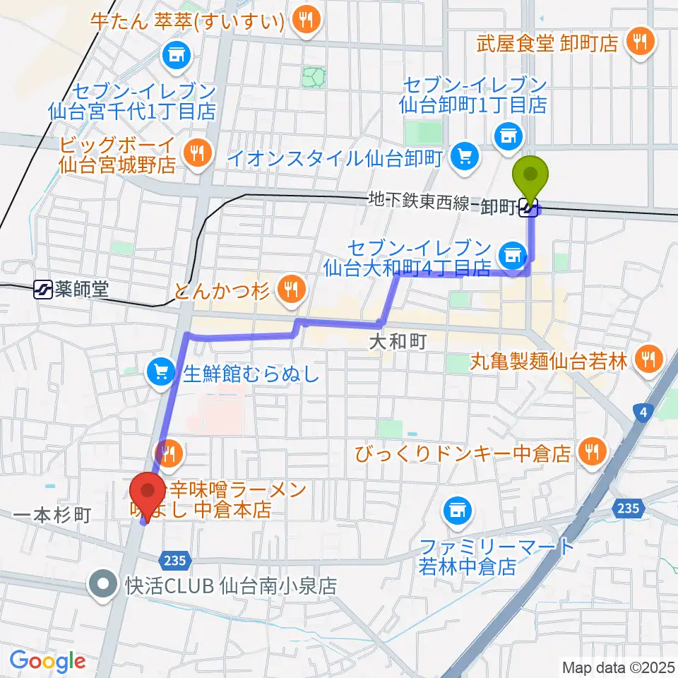 卸町駅からRepair Garageへのルートマップ地図