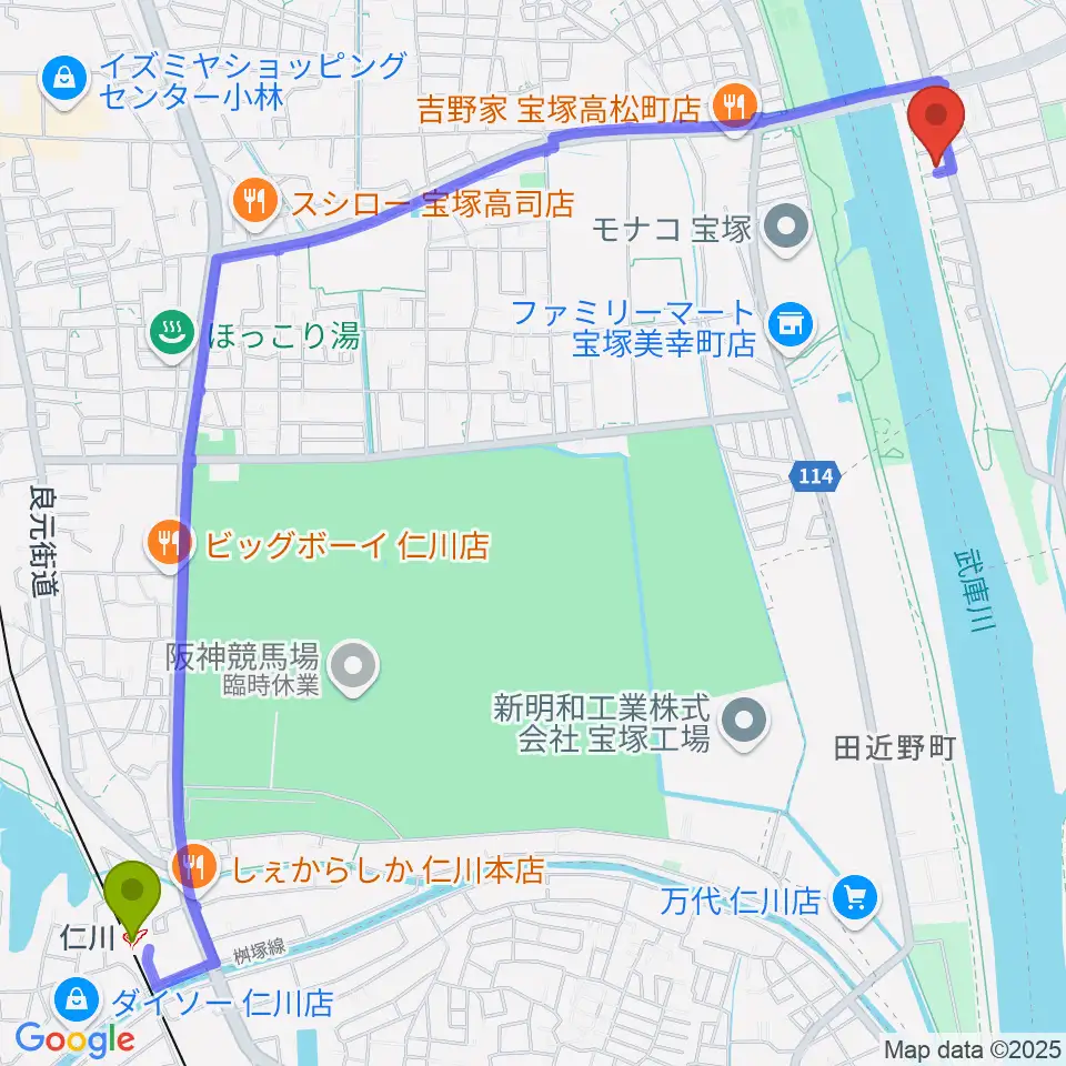 仁川駅からどうもと音楽教室へのルートマップ地図