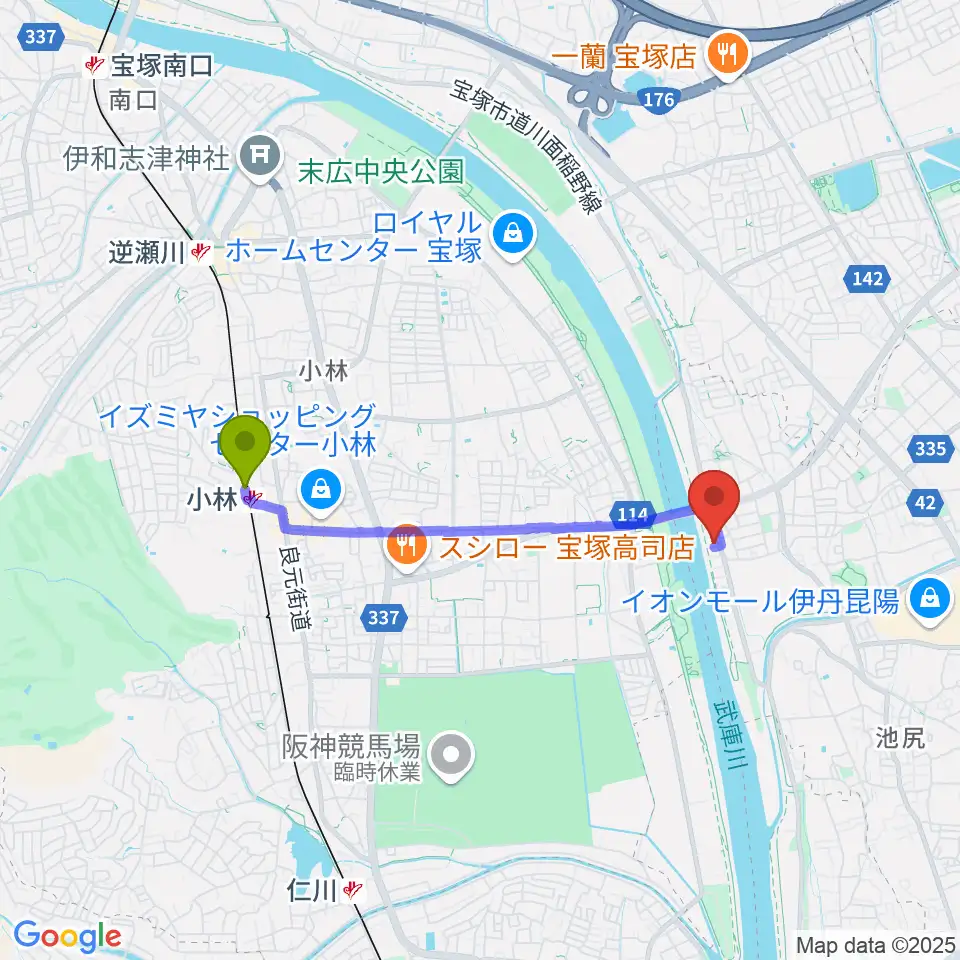 どうもと音楽教室の最寄駅小林駅からの徒歩ルート（約31分）地図