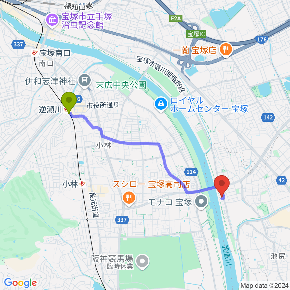 逆瀬川駅からどうもと音楽教室へのルートマップ地図