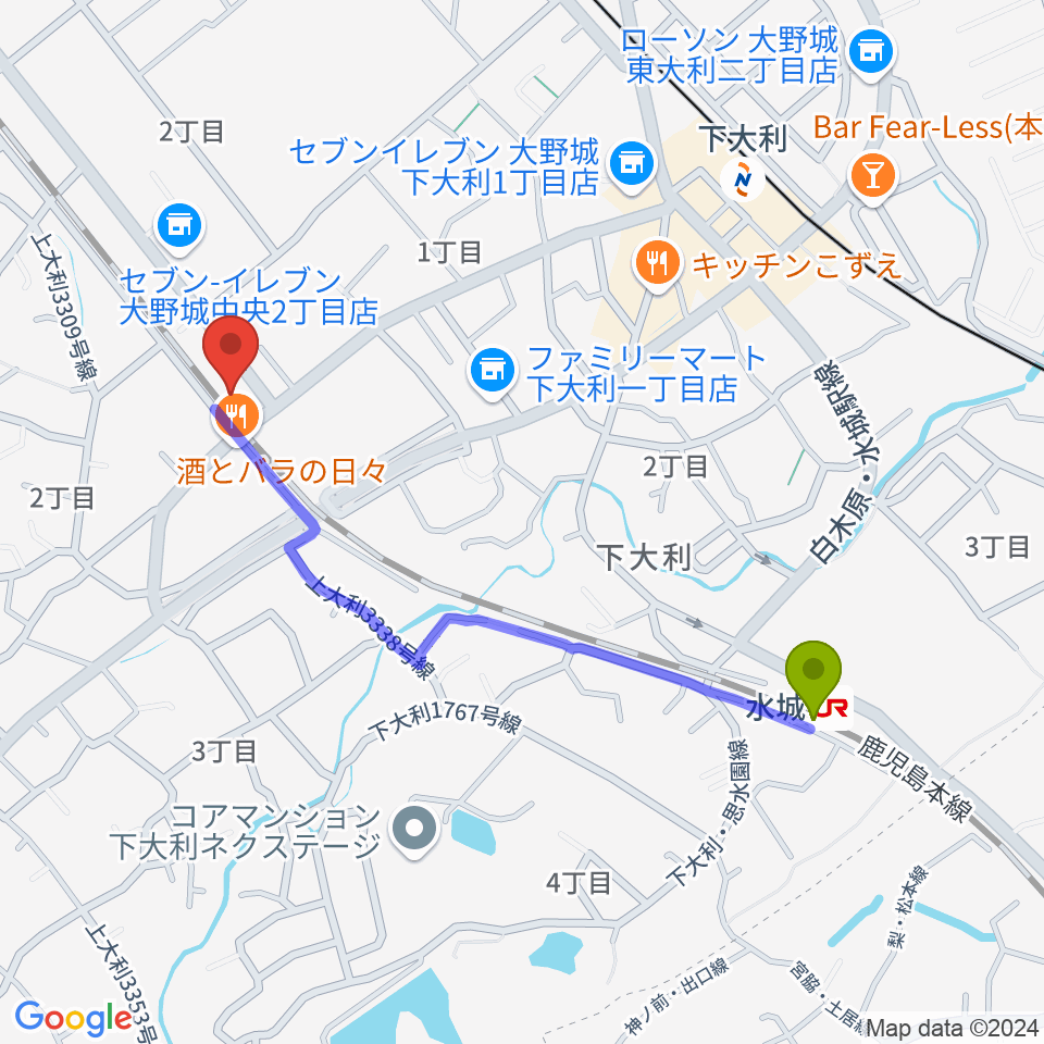 水城駅からフォーレ音楽院へのルートマップ地図