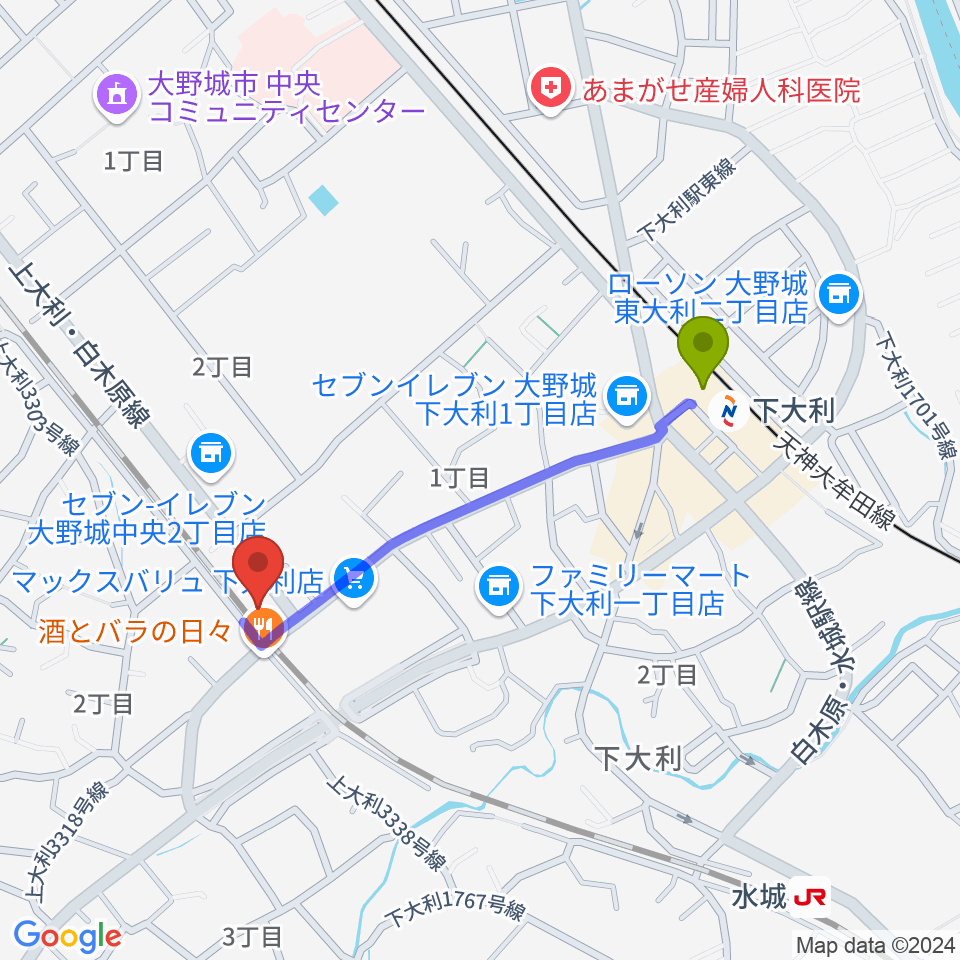 フォーレ音楽院の最寄駅下大利駅からの徒歩ルート（約8分）地図