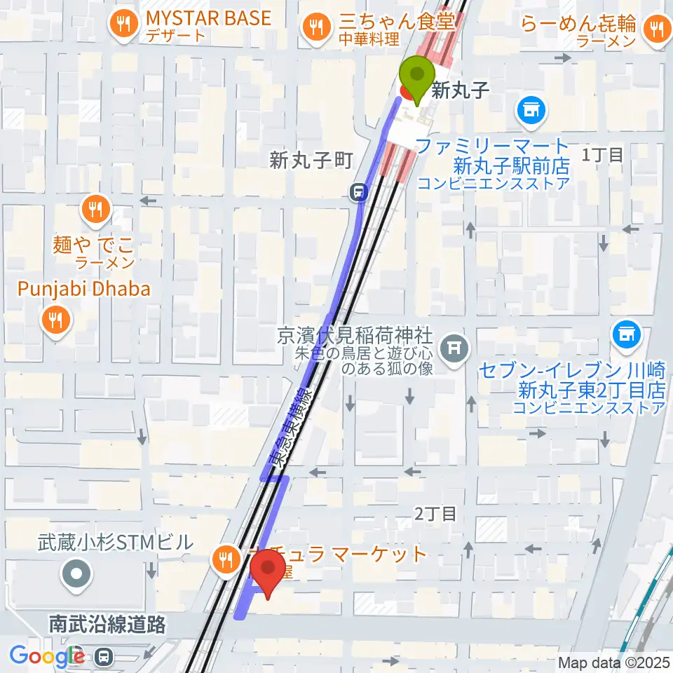 新丸子駅からスタジオアイシャへのルートマップ地図