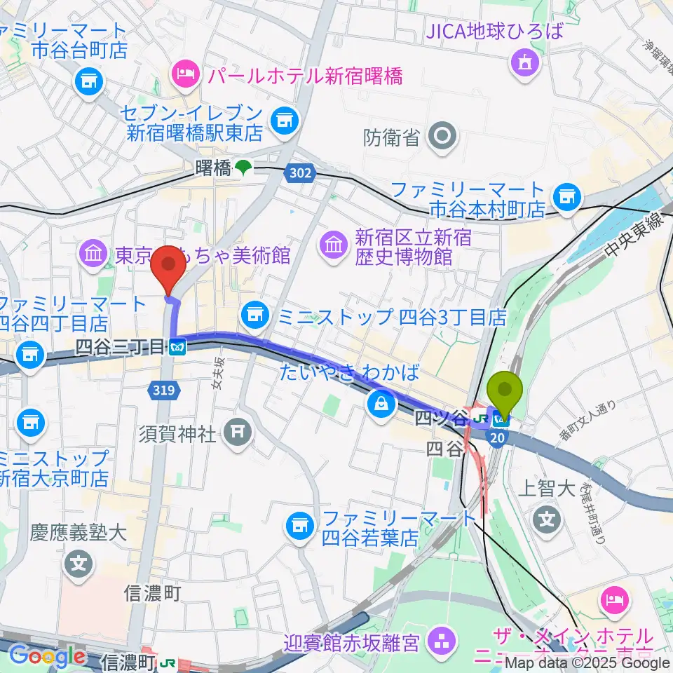 四ツ谷駅から四谷ウナ・カンツォーネへのルートマップ地図