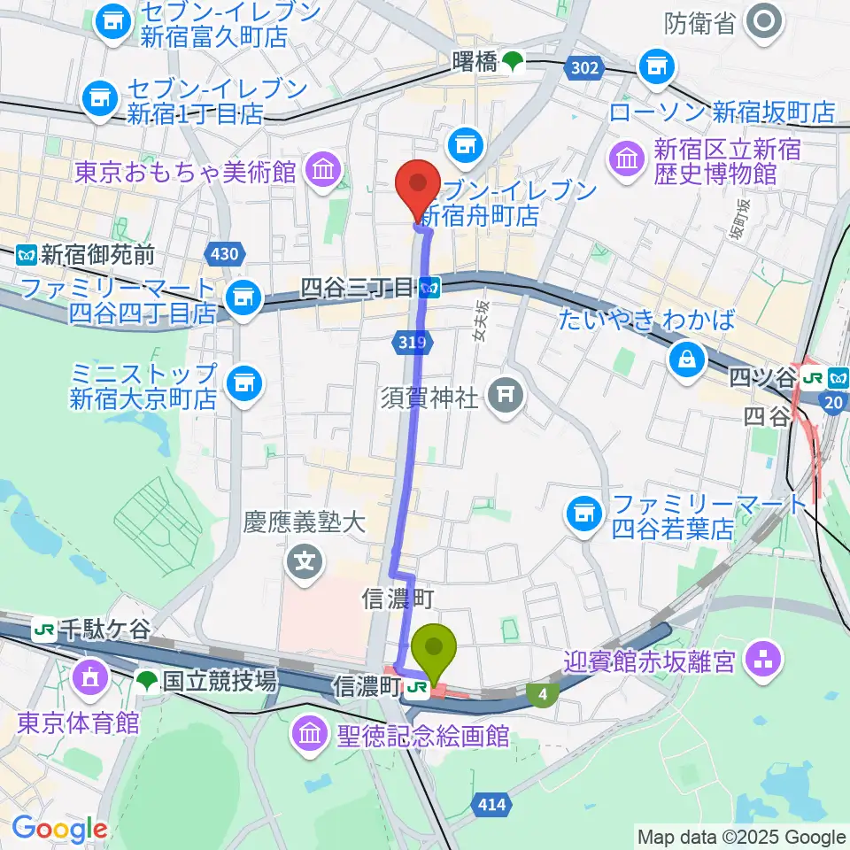 信濃町駅から四谷ウナ・カンツォーネへのルートマップ地図