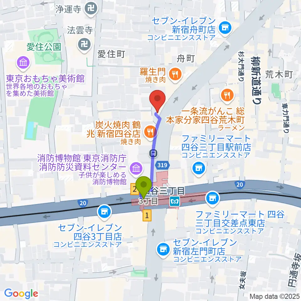 四谷ウナ・カンツォーネの最寄駅四谷三丁目駅からの徒歩ルート（約2分）地図