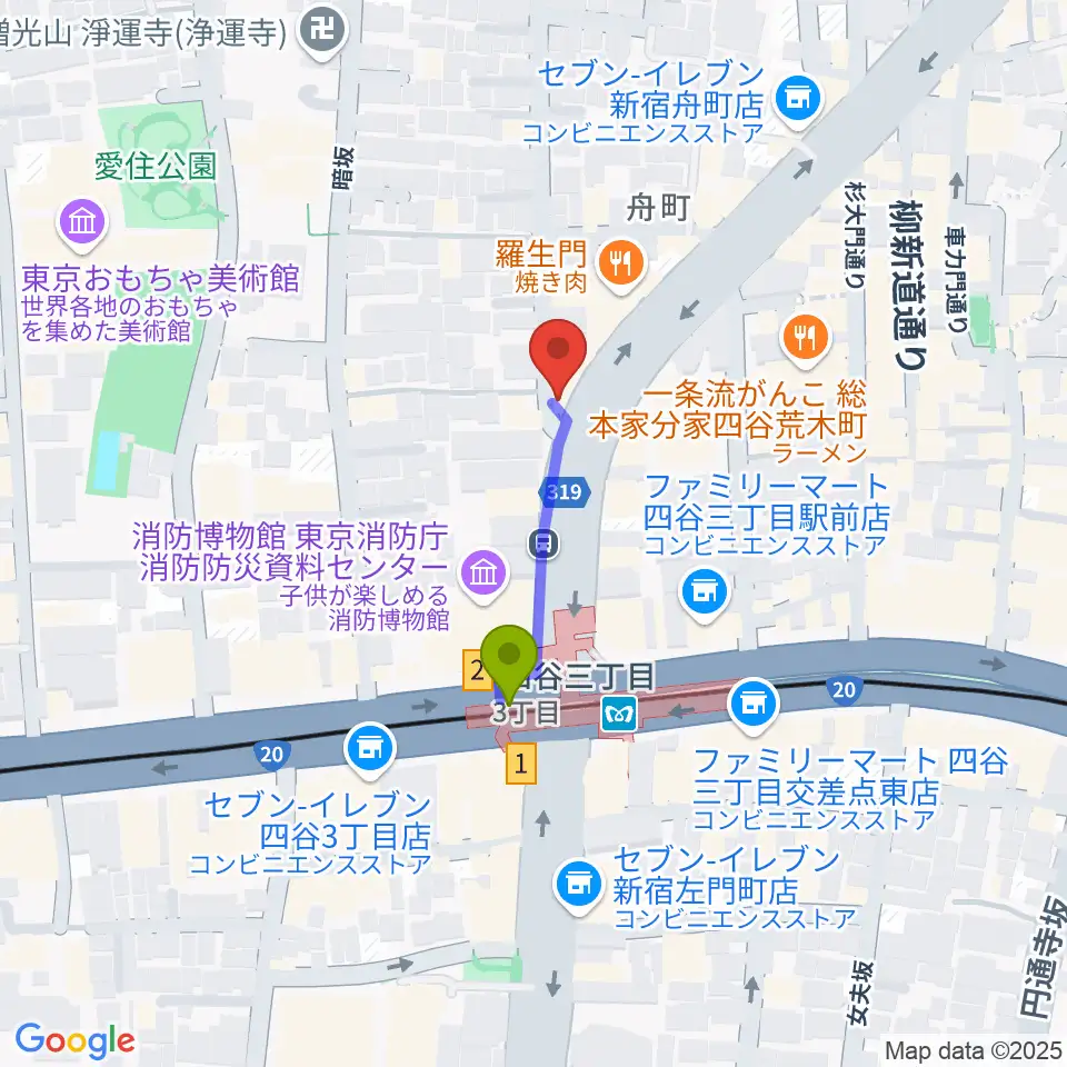 四谷ウナ・カンツォーネの最寄駅四谷三丁目駅からの徒歩ルート（約2分）地図
