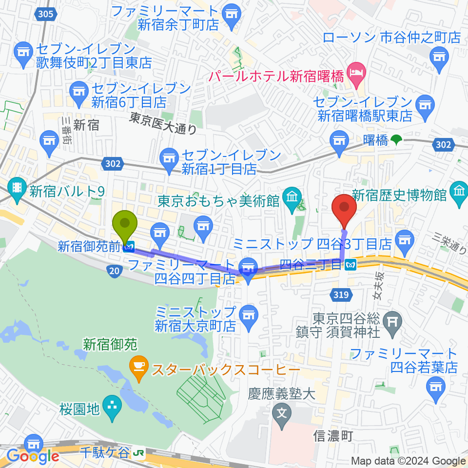 新宿御苑前駅から四谷ウナ・カンツォーネへのルートマップ地図