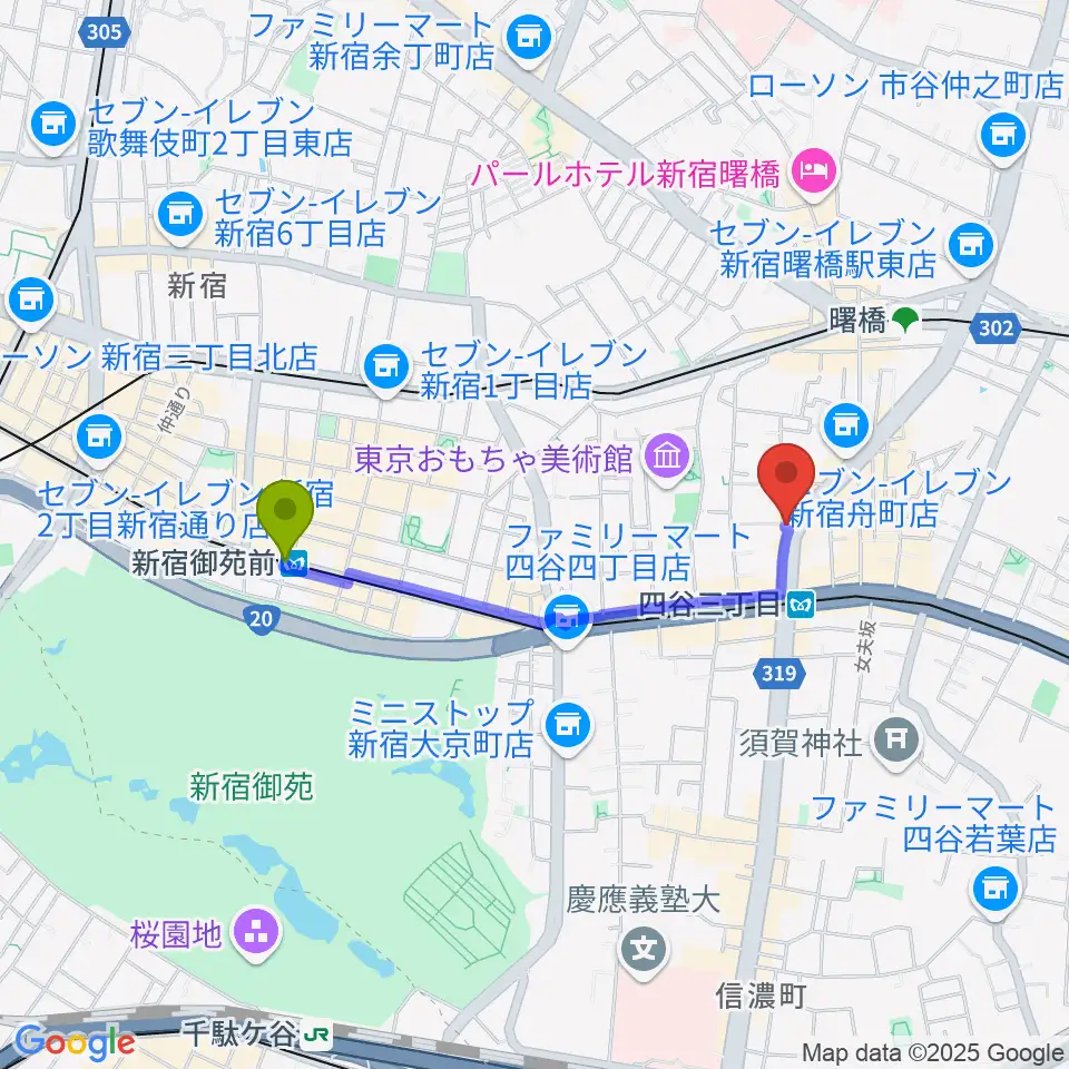 新宿御苑前駅から四谷ウナ・カンツォーネへのルートマップ地図