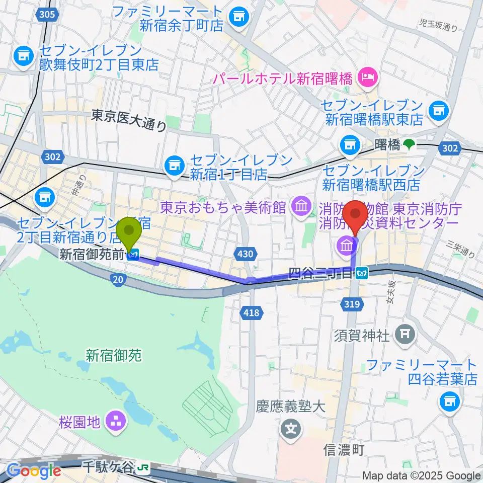 新宿御苑前駅から四谷ウナ・カンツォーネへのルートマップ地図