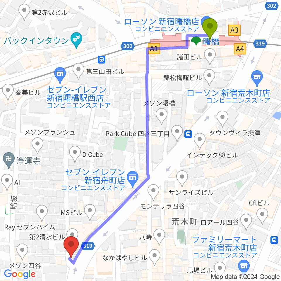 曙橋駅から四谷ウナ・カンツォーネへのルートマップ地図
