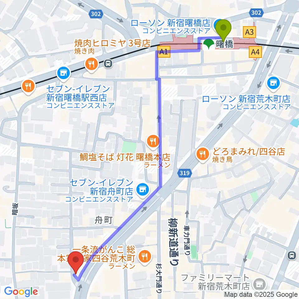 曙橋駅から四谷ウナ・カンツォーネへのルートマップ地図