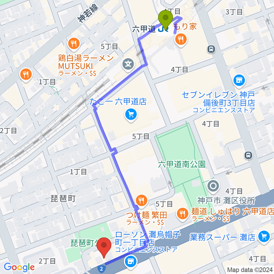 六甲道駅からスタジオハイダウェイ六甲道店へのルートマップ地図