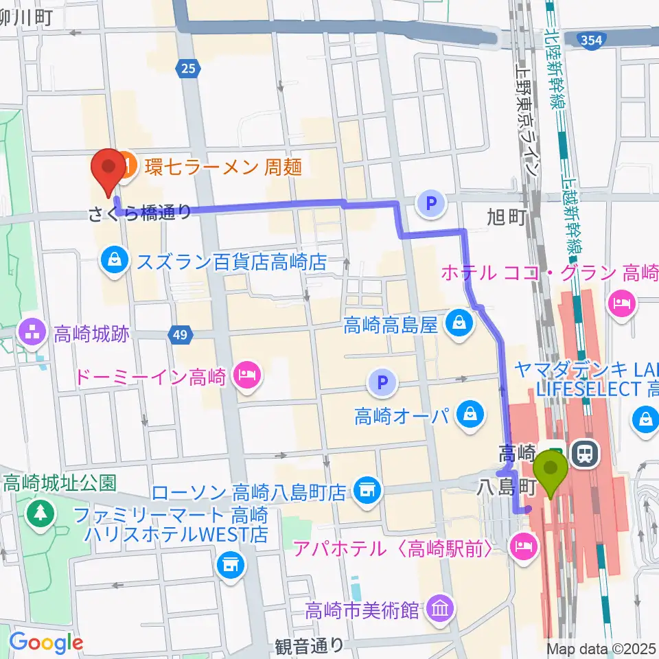 高崎ジャマーズの最寄駅高崎駅からの徒歩ルート（約12分）地図