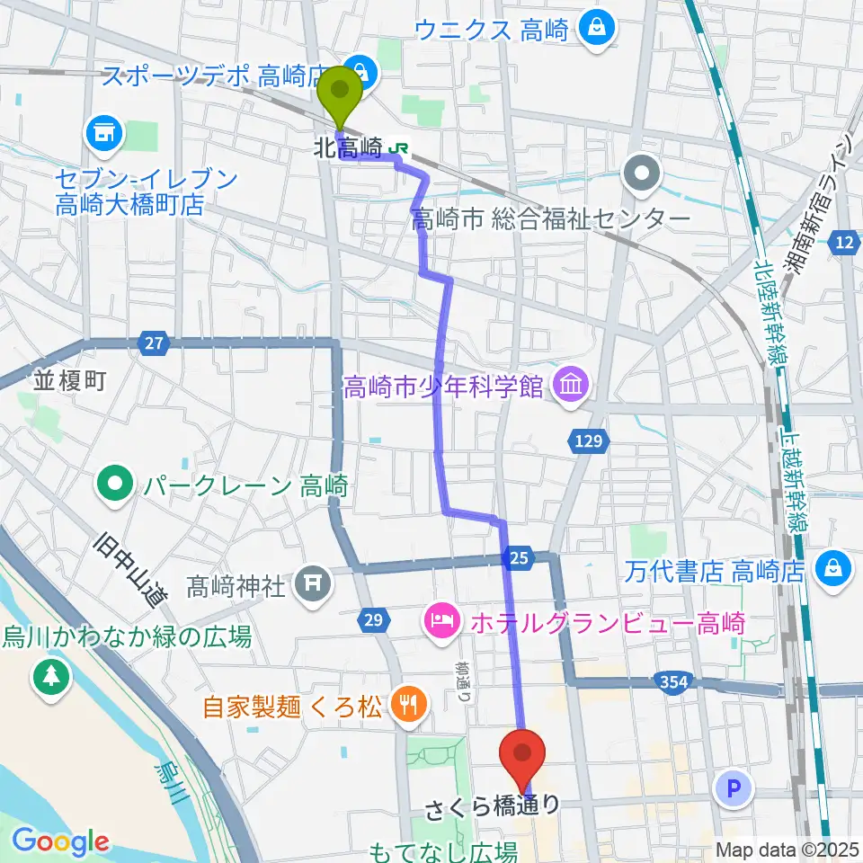 北高崎駅から高崎ジャマーズへのルートマップ地図