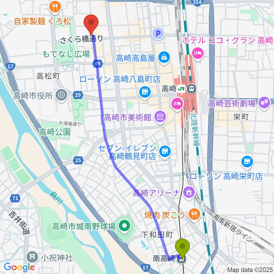 南高崎駅から高崎ジャマーズへのルートマップ地図