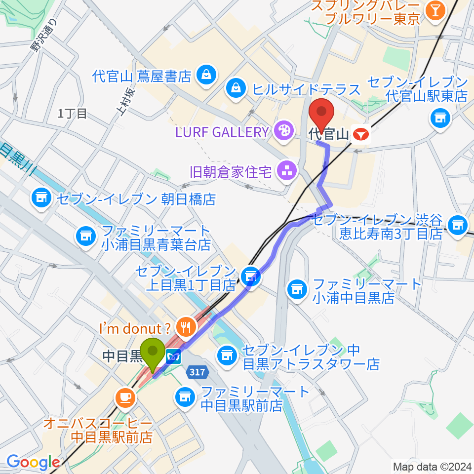 中目黒駅から代官山 晴れたら空に豆まいてへのルートマップ Mdata