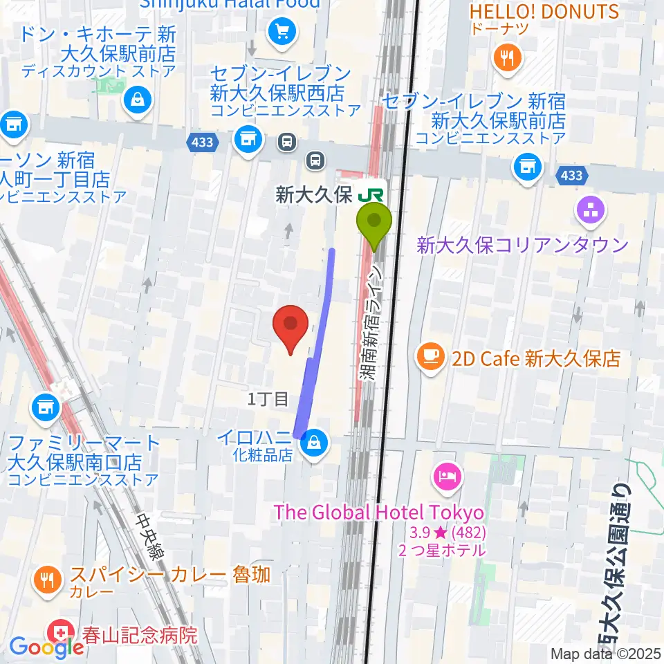 新宿ブロードバンドスタジオ/Pulse Studioの最寄駅新大久保駅からの徒歩ルート（約2分）地図