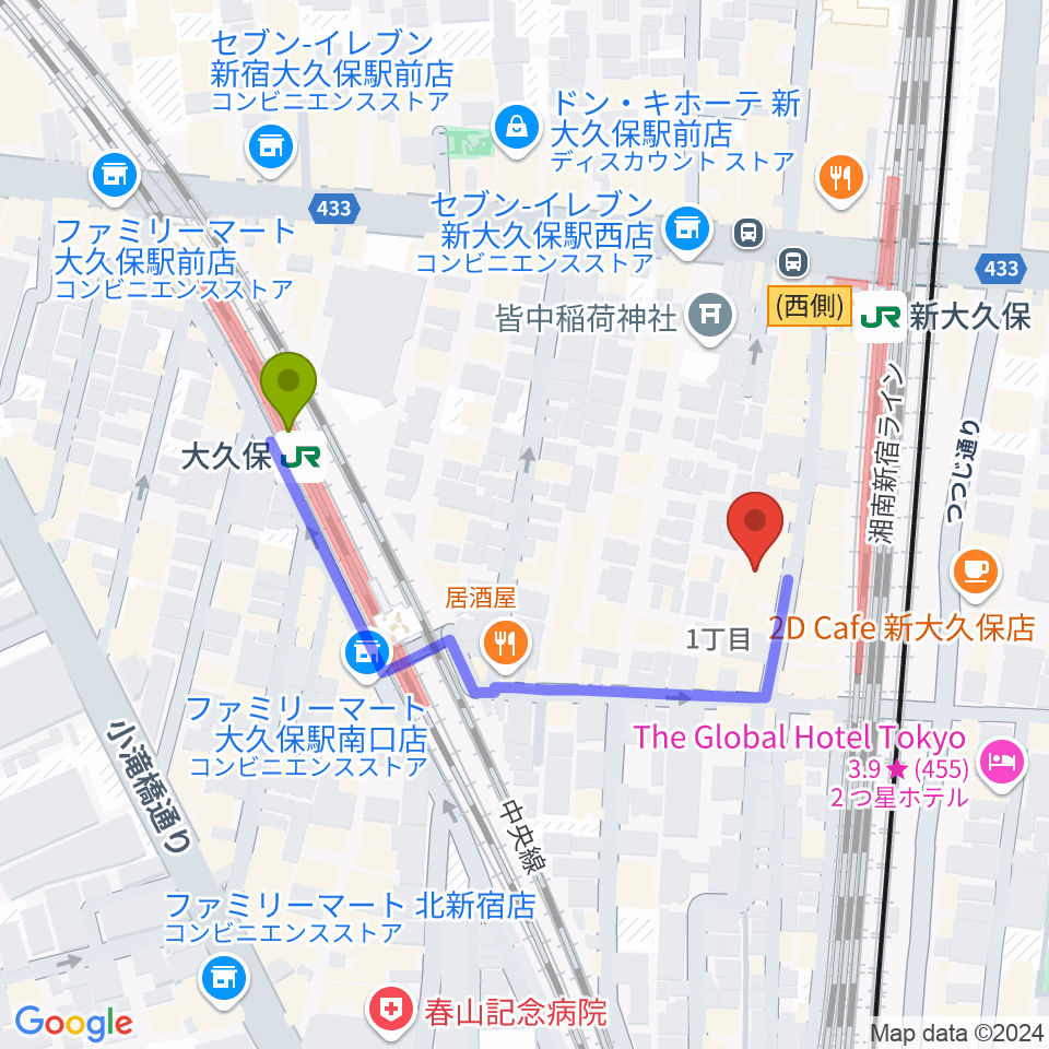 大久保駅から新宿ブロードバンドスタジオ/Pulse Studioへのルートマップ地図