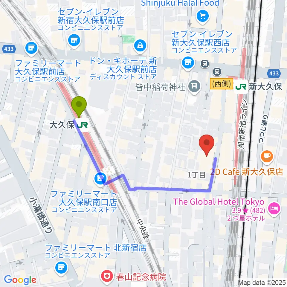 大久保駅から新宿ブロードバンドスタジオ/Pulse Studioへのルートマップ地図