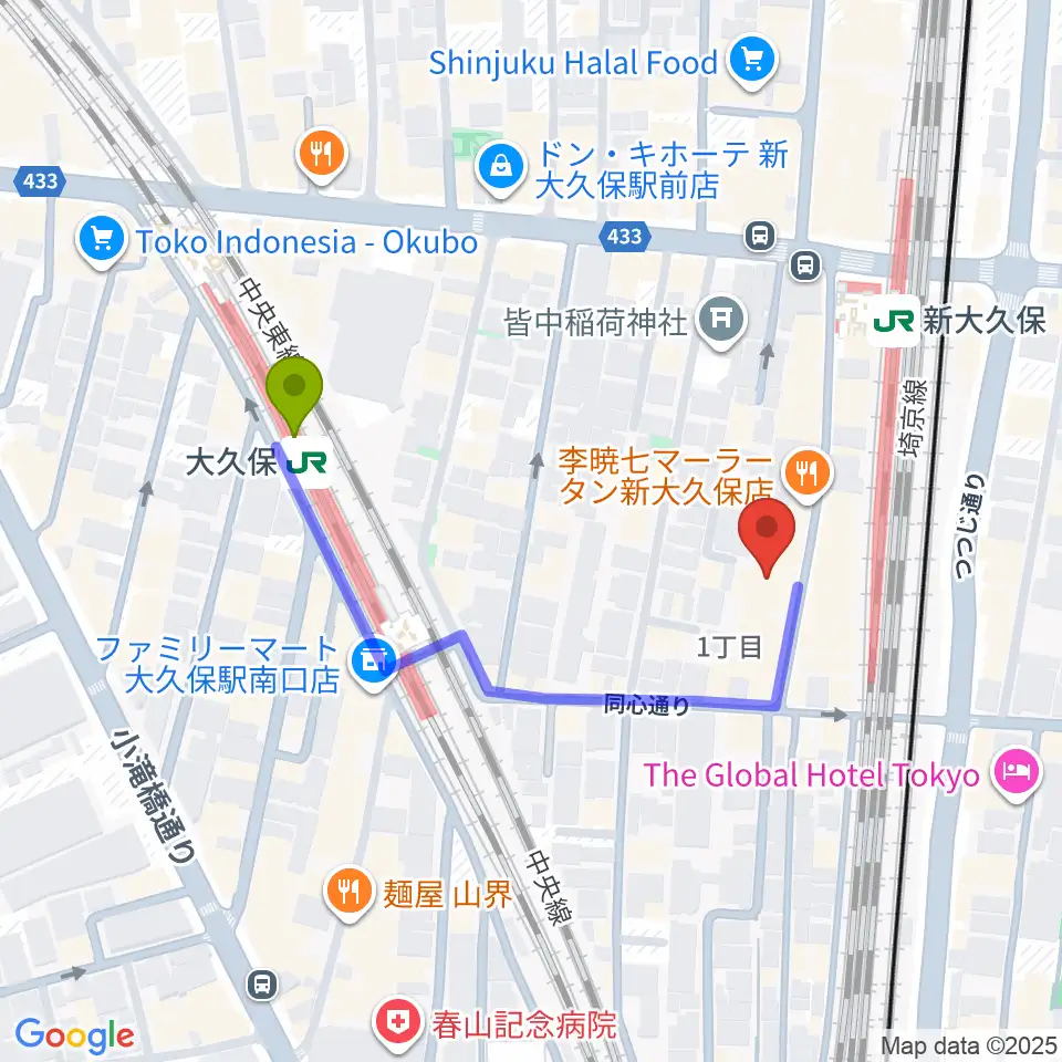 大久保駅から新宿ブロードバンドスタジオ/Pulse Studioへのルートマップ地図