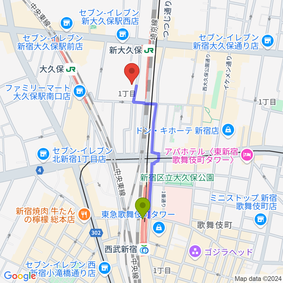 西武新宿駅から新宿ブロードバンドスタジオ/Pulse Studioへのルートマップ地図