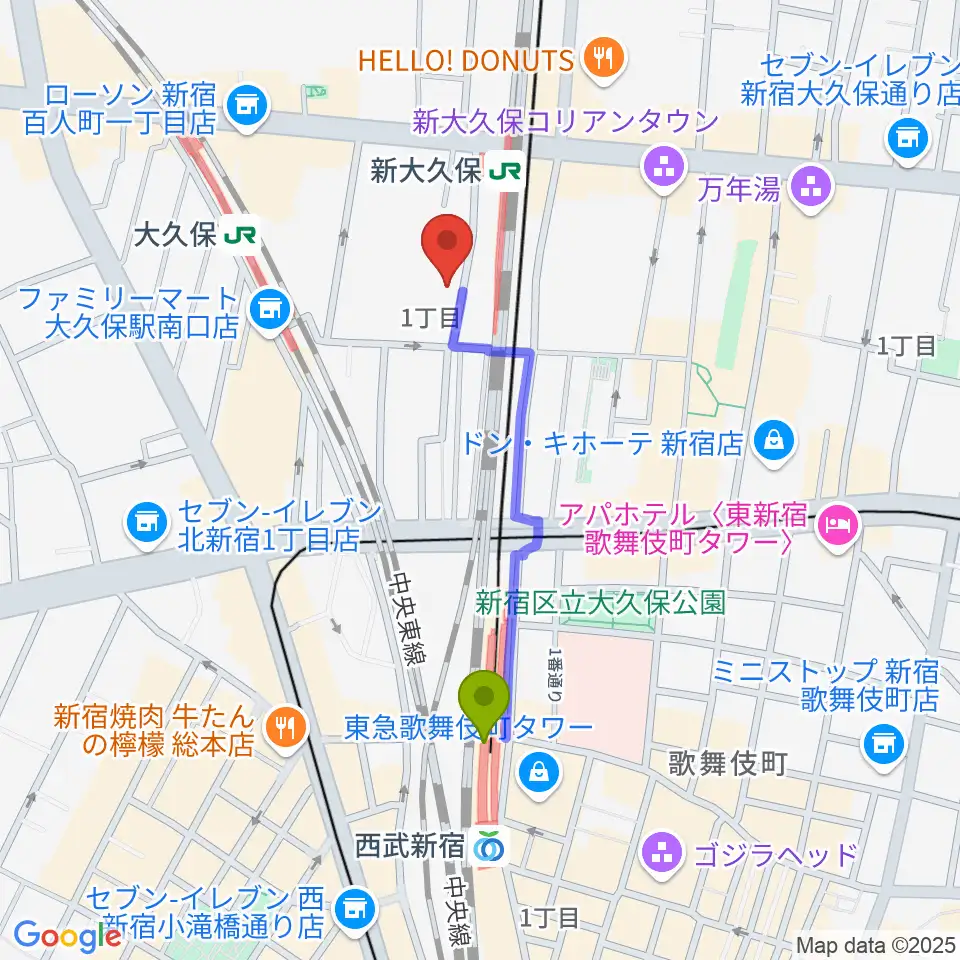 西武新宿駅から新宿ブロードバンドスタジオ/Pulse Studioへのルートマップ地図