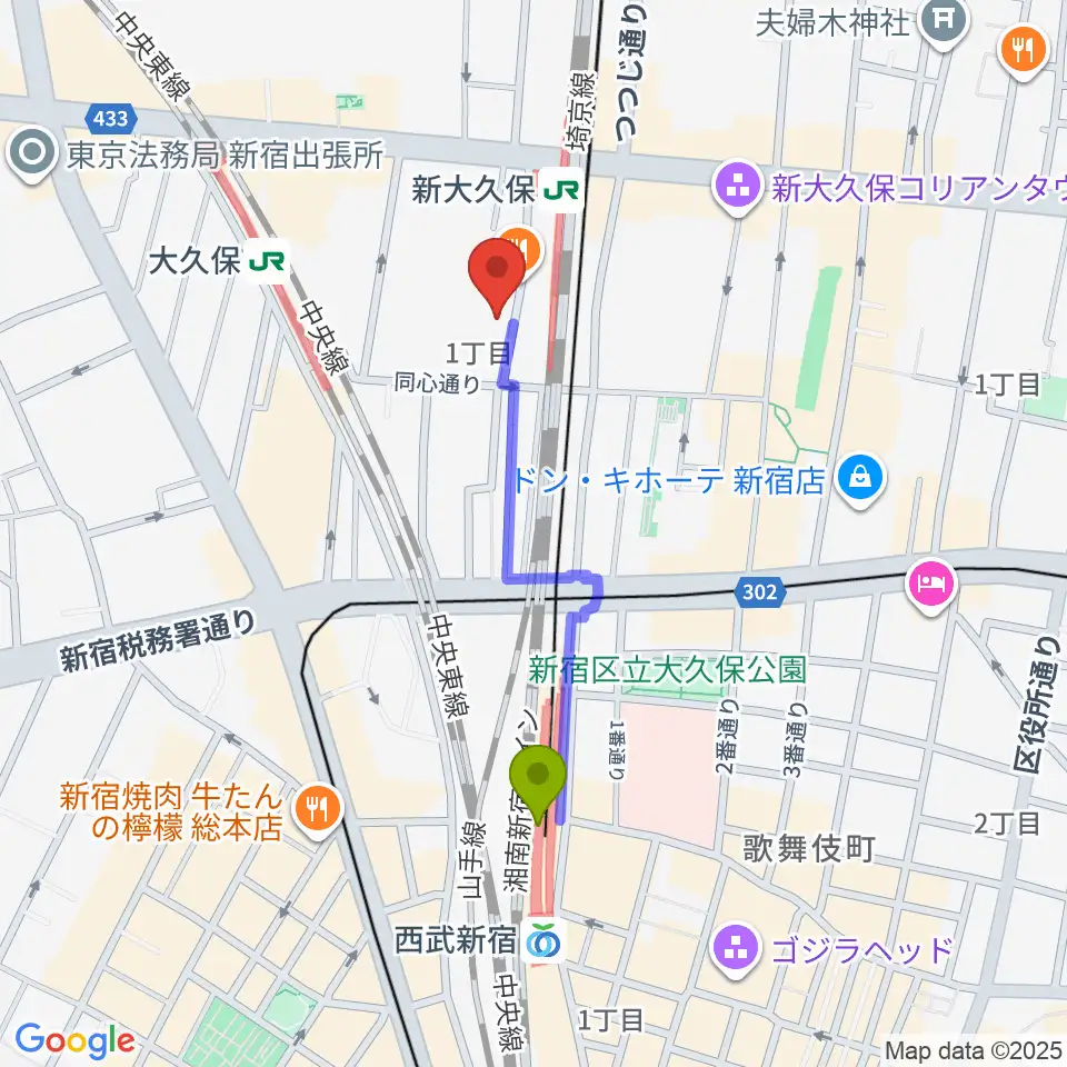 西武新宿駅から新宿ブロードバンドスタジオ/Pulse Studioへのルートマップ地図