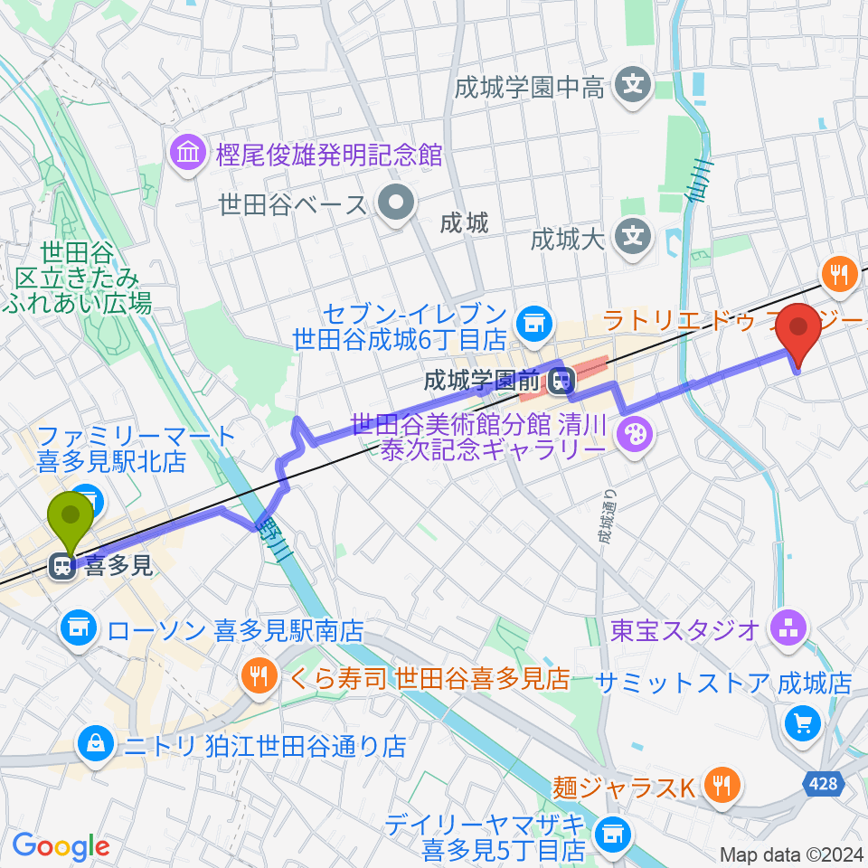 喜多見駅からスタジオ トーンマイスターへのルートマップ地図