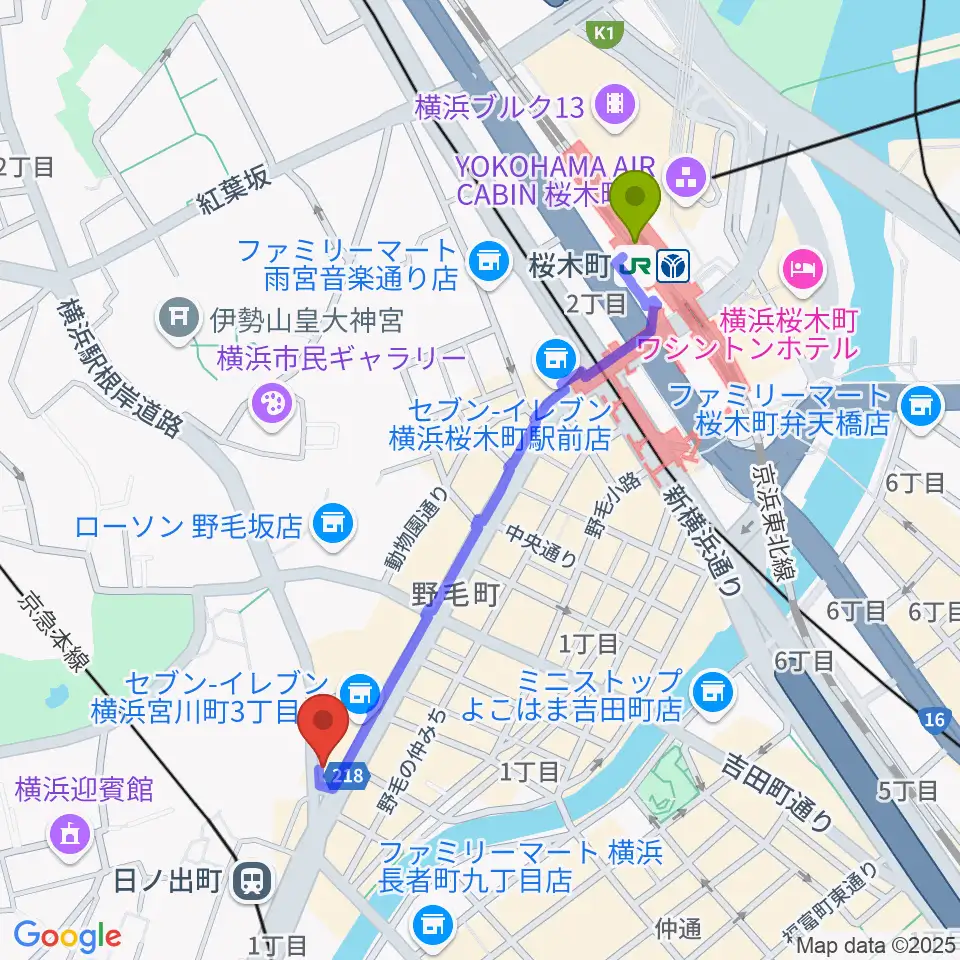 桜木町駅からTHE CLUB SENSATIONへのルートマップ地図