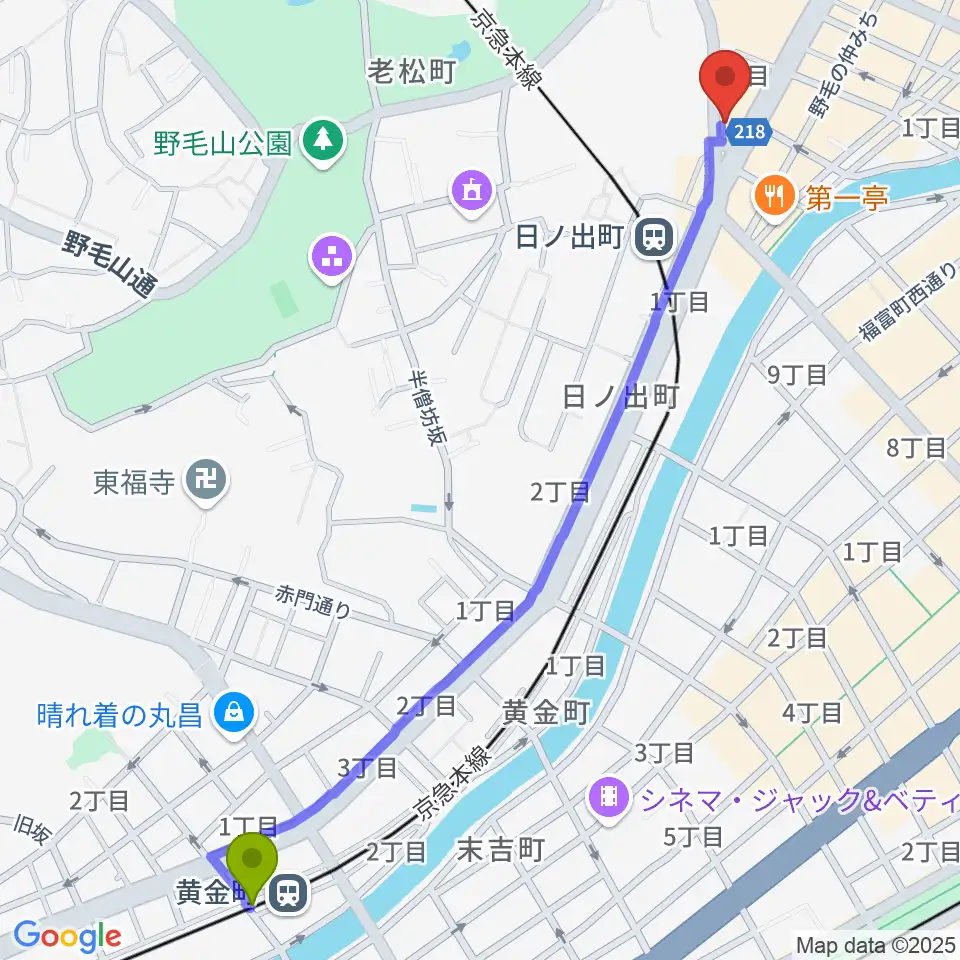 黄金町駅からTHE CLUB SENSATIONへのルートマップ地図